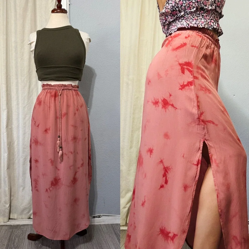 BB Dakota Tie Dye Pink Boho Flowy High Waist Slit Midi Skirt S‎ Elastic Waist
